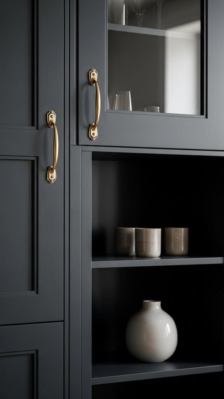Luxurious dark kitchen cabinetry in charcoal with antique brass hardware and a vintage ceramic vase, illuminated by soft natural light.
