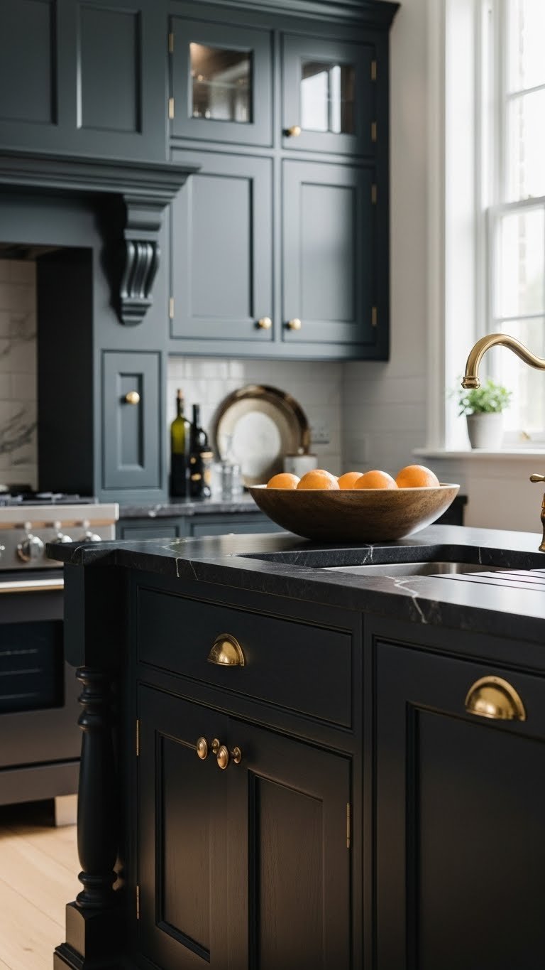 Old Money Kitchen Aesthetic Dark: 9 Luxury Design Ideas 1 Luxurious dark kitchen with deep green custom cabinetry, intricate millwork, antique brass hardware, and dark marble countertops.