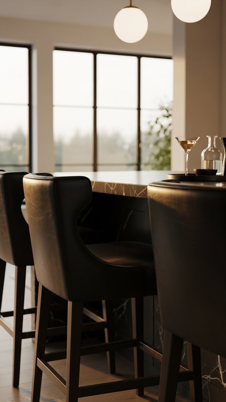 Luxurious dark leather bar stools with tufted high backs at a sleek marble kitchen island, exuding elegance and comfort.