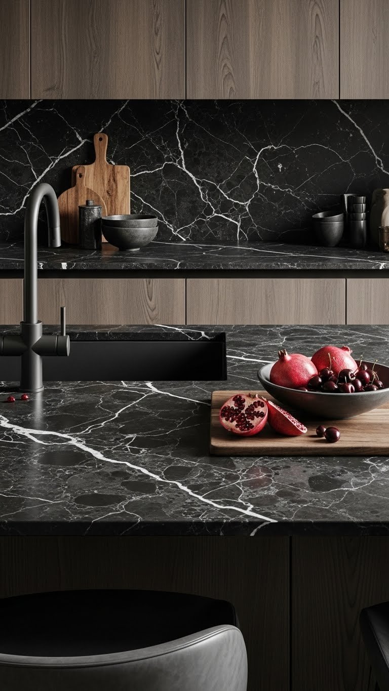 Luxurious dark marble kitchen countertop with a wooden cutting board and deep-colored fruit, set against dark cabinetry.