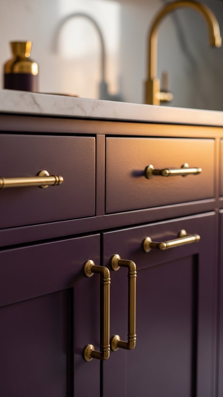 Luxurious dark purple kitchen with aubergine plum cabinets, brushed brass hardware, and warm golden light on a marble countertop, evoking cozy elegance.