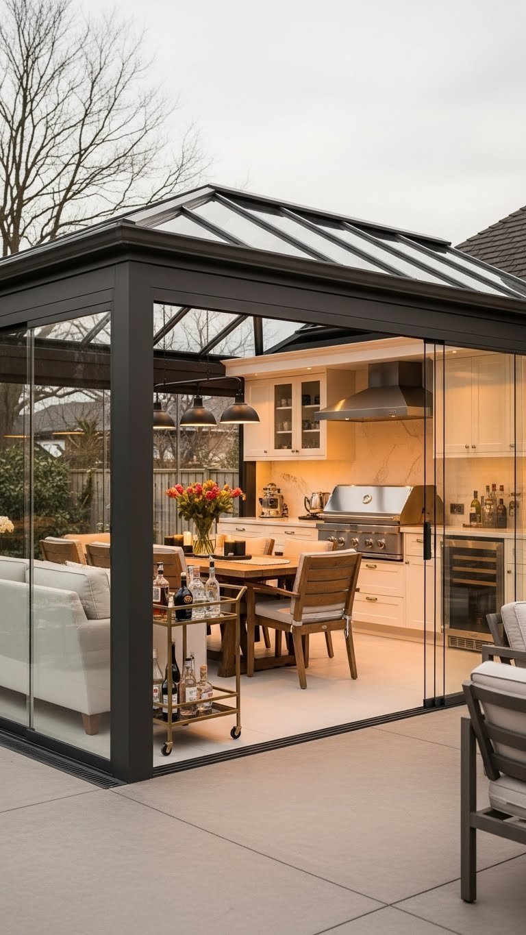 Luxurious enclosed outdoor kitchen pergola with glass walls for year-round comfortable use