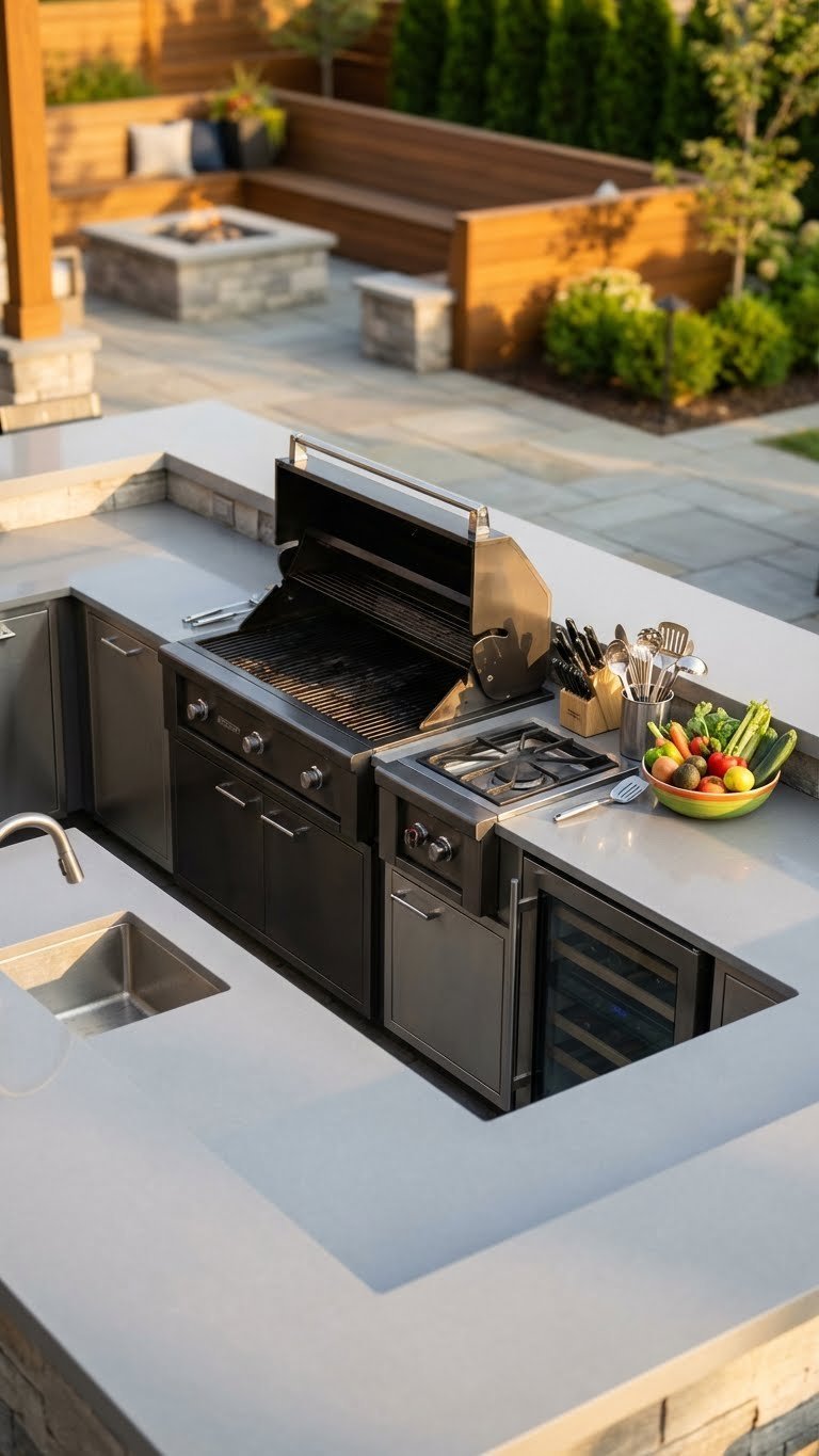 U-Shaped Outdoor Kitchen Design: 7 Ideas For Your Backyard 3 Luxurious gourmet U-shaped outdoor kitchen featuring professional grill, quartz countertops, and warm golden hour lighting.