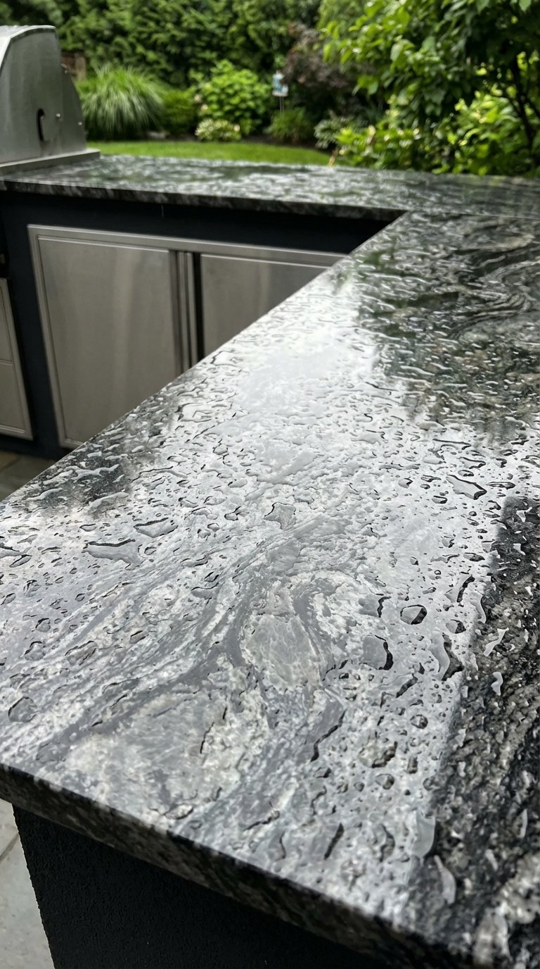 Luxurious granite outdoor kitchen countertop glistening with water droplets after rain shower