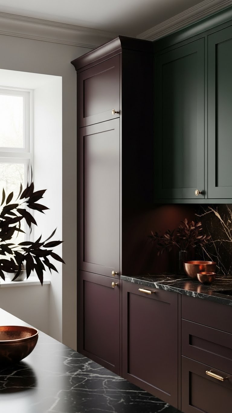 Dark Romantic Kitchen Aesthetic: 7 Design Secrets For A Cozy Home 1 Luxurious matte black, burgundy, emerald green kitchen cabinetry. Subtle panels, dark veined marble countertop, copper bowls & foliage. High-end design.