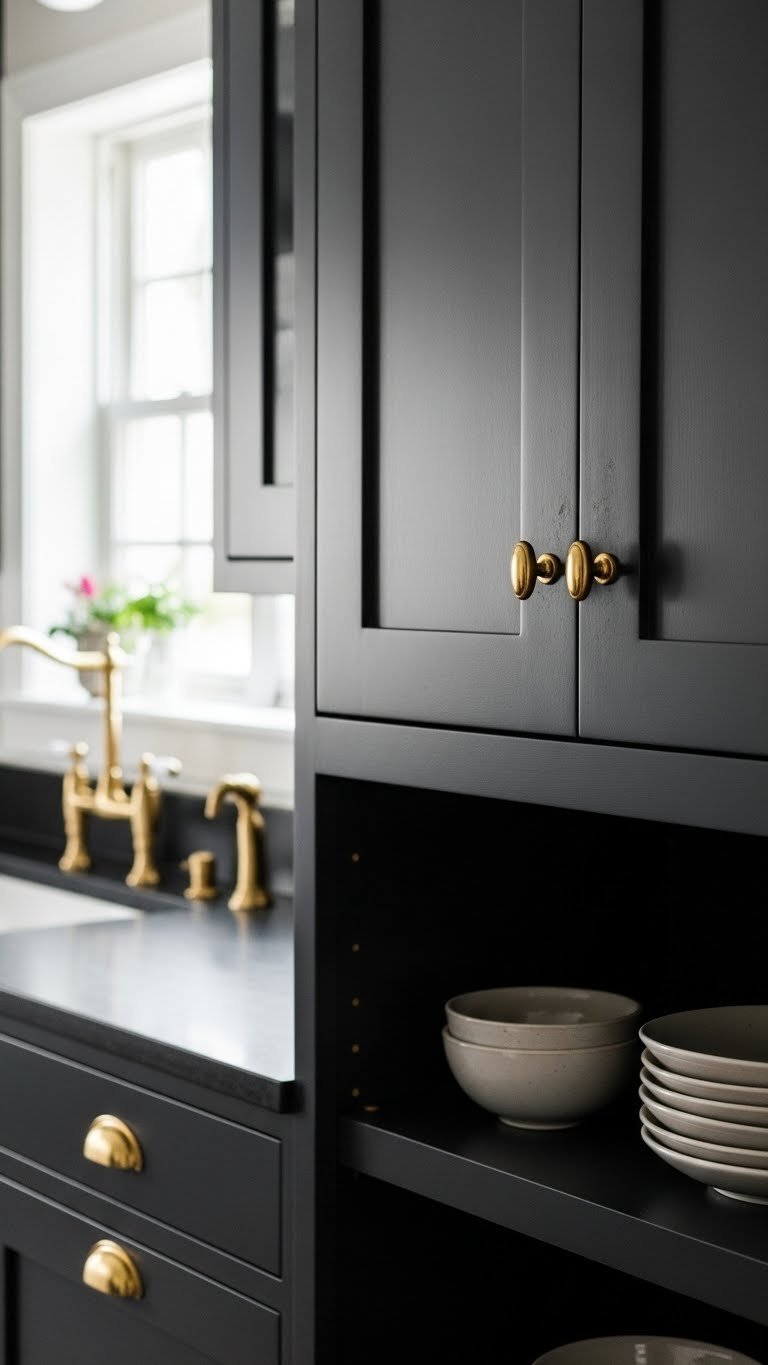 Luxurious matte black shaker kitchen cabinets with elegant brass hardware, a golden faucet, and dark countertop in a modern dark kitchen.