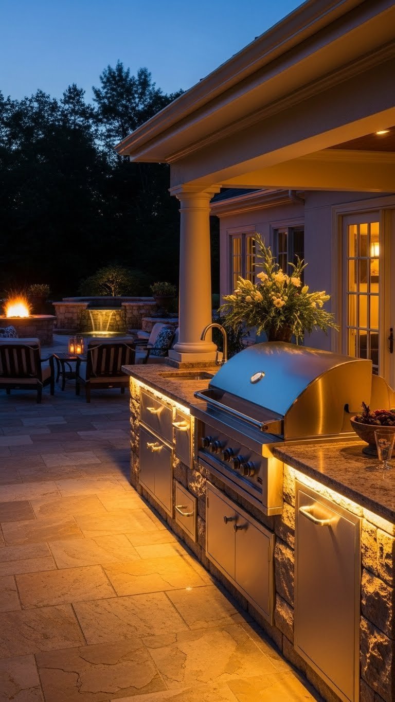 Mastering Luxury Outdoor Kitchen Design: 7 Essential Elements 9 Luxurious outdoor kitchen illuminated with elegant integrated LED lighting, subtle path lights, and comfortable outdoor seating at dusk.