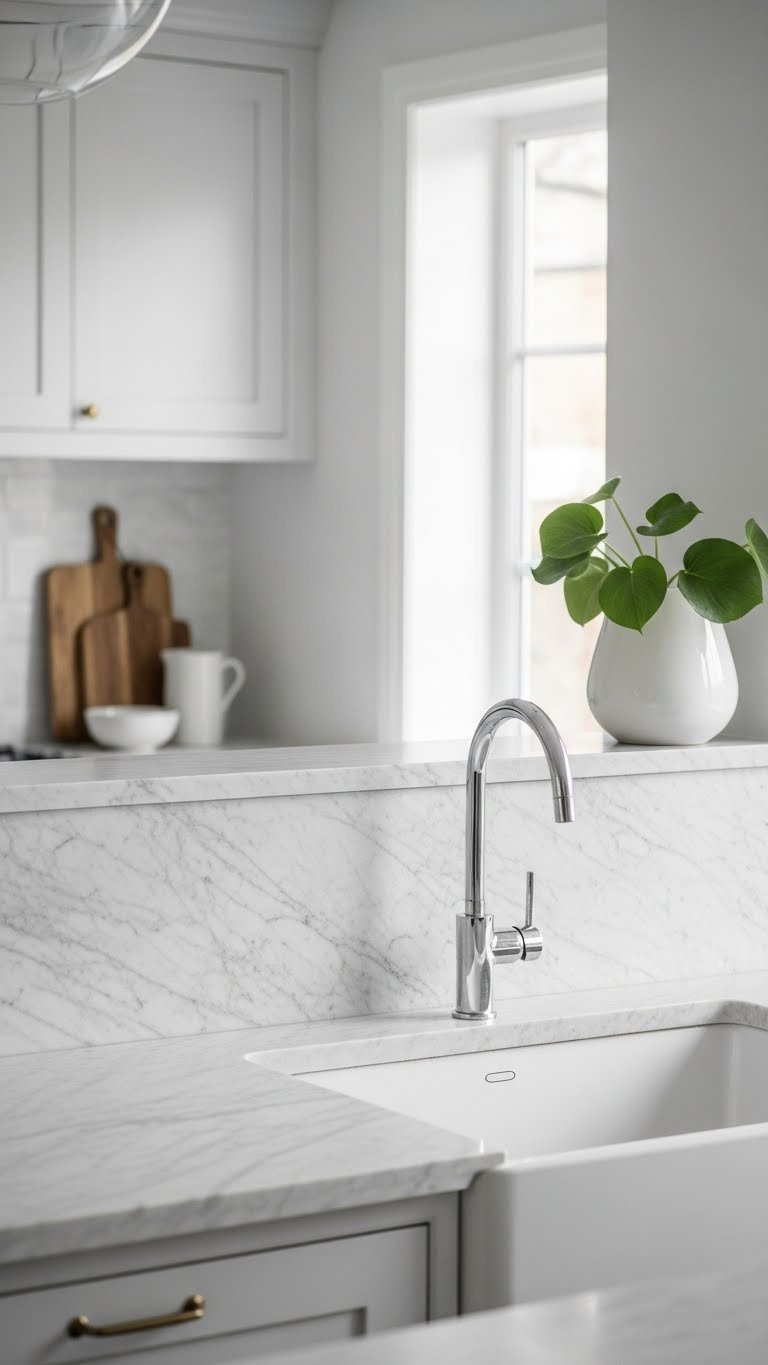 Luxurious scandi kitchen marble slab splashback with elegant veining and soft ambient lighting