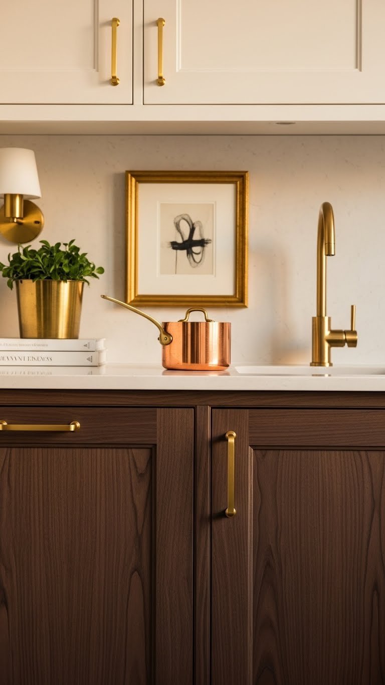 Luxurious small kitchen showcasing dark wood cabinets with warm brass hardware and metallic accents for elegant sophistication