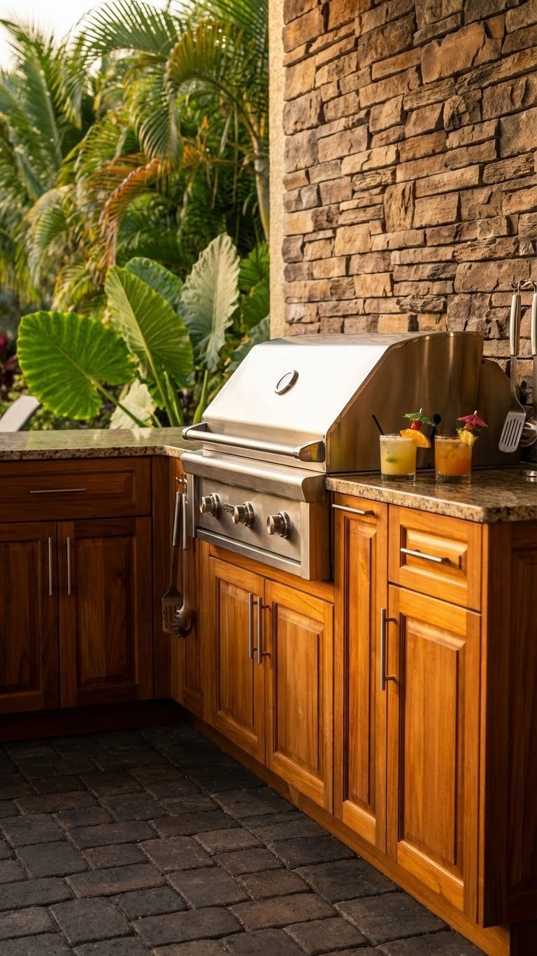 Outdoor Kitchen Tropical Design Ideas For A Resort Style Backyard 1 Luxurious tropical outdoor kitchen with custom teak cabinetry, stainless steel grill, and stacked-stone accent wall under warm golden hour lighting