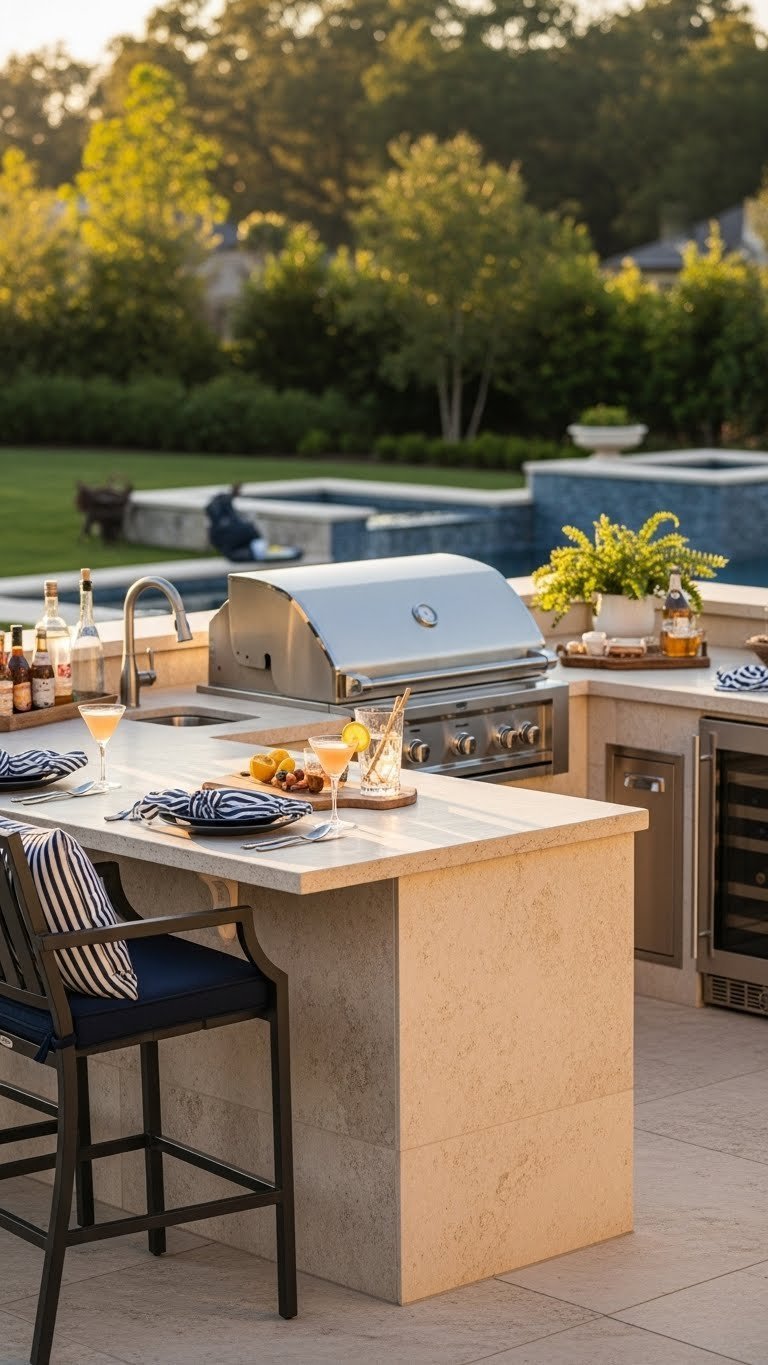 Luxury L-shaped outdoor kitchen with premium grill and bar counter in resort-style backyard setting.