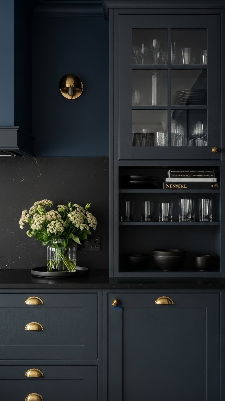 Luxury dark kitchen showcasing matte charcoal gray cabinets, deep navy walls, sleek brass hardware, and neutral flowers. Modern, sophisticated kitchen design.