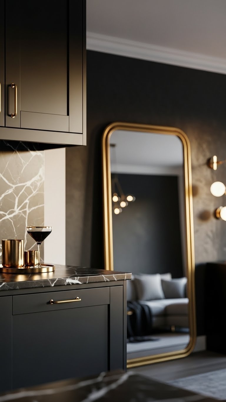 Dark Kitchen Living Room Aesthetic: 7 Essential Chic Ideas 8 Luxury dark matte black kitchen cabinets with gold handles. Ornate brass mirror in adjacent living room. Opulent interior design.