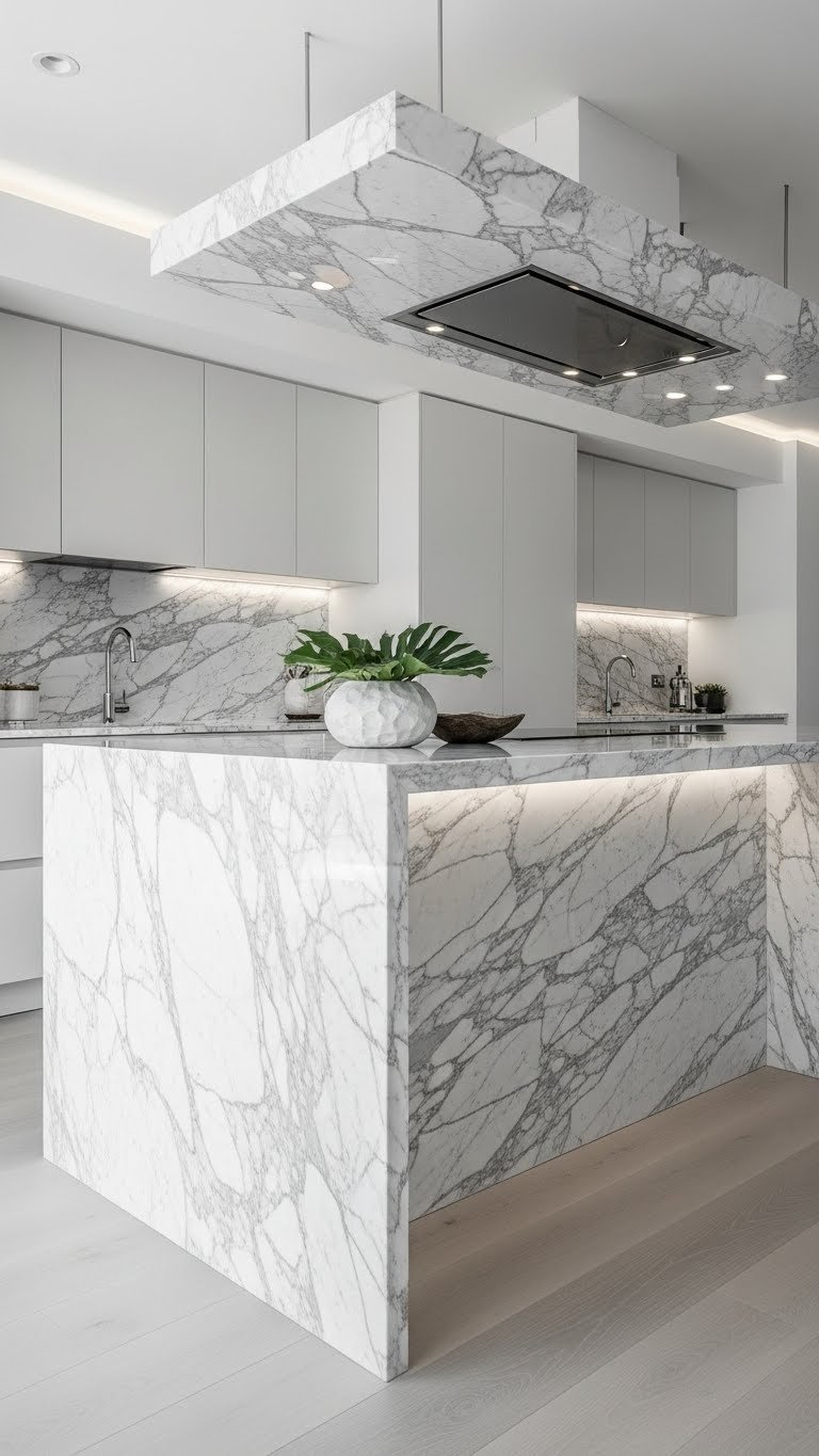 Luxury open kitchen island with stunning white Carrara marble waterfall edge, architectural vase, chrome fixtures. White and silver.