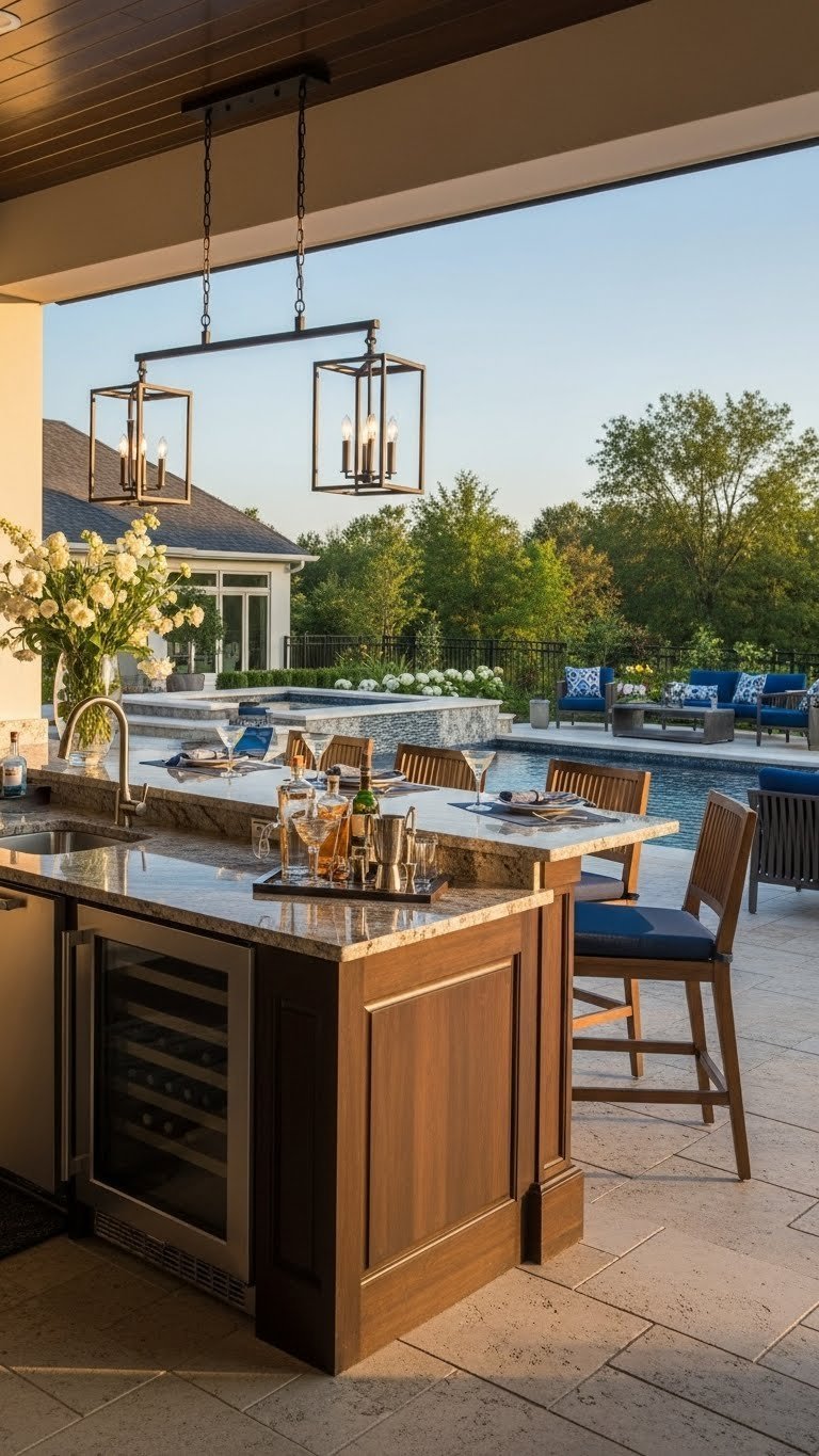 Luxury outdoor kitchen island with integrated bar seating and polished granite countertops for entertaining