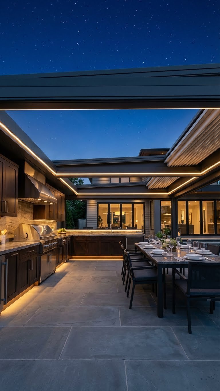 Outdoor Kitchen Extension Ideas That Create Seamless Indoor Outdoor 11 Luxury outdoor kitchen with retractable roof open to starry night sky and built-in grill