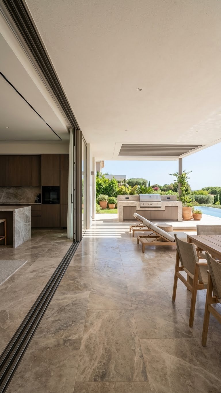 Outdoor Kitchen Villa Design Ideas For Luxury Entertaining 1 Luxury villa indoor-outdoor kitchen transition with seamless bifold glass doors and matching floor tiles connecting interior to patio.