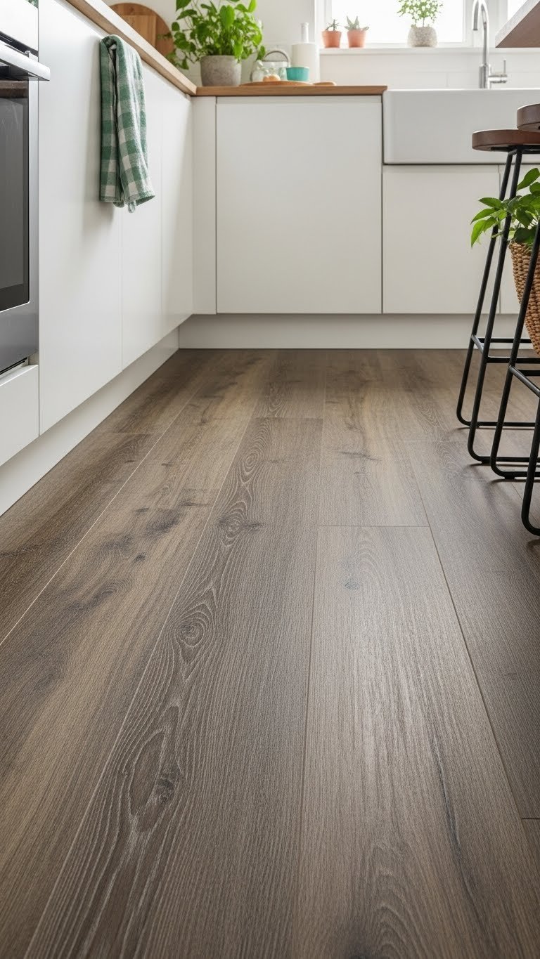 Luxury vinyl plank flooring with rustic wood effect in modern kitchen with waterproof surface