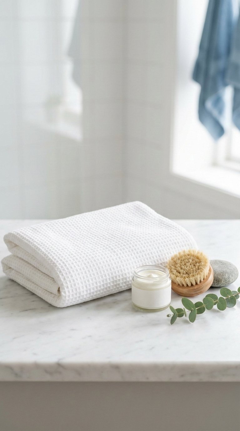 9 Kitchen Hand Towel Gift Ideas: Unique &Amp; Thoughtful 9 Luxury waffle weave towel and self-care products arranged on marble countertop spa set.