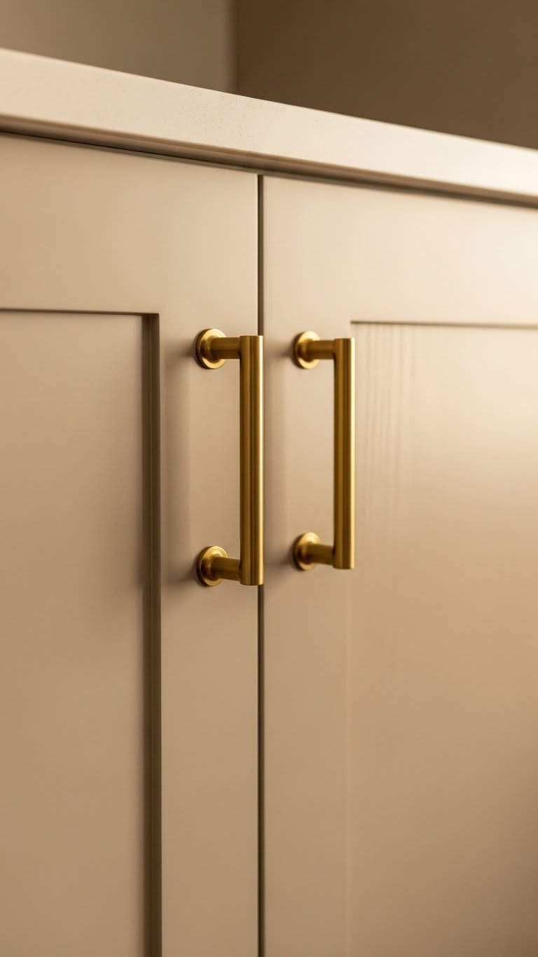 Macro detail of flat-panel beige cabinet door with sophisticated brass hardware pull reflecting soft light