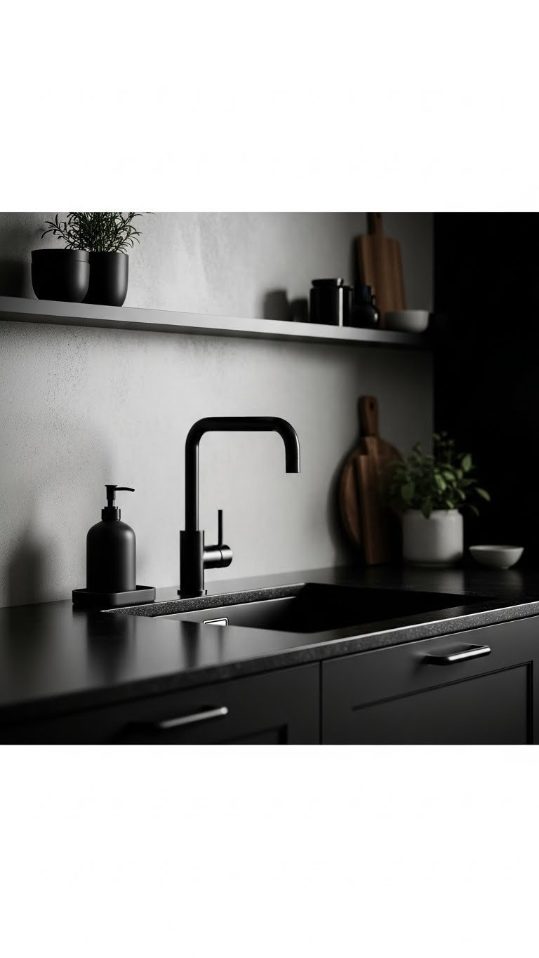 Macro detail of matte black kitchen fixtures against black countertop with ceramic soap dispenser and side lighting