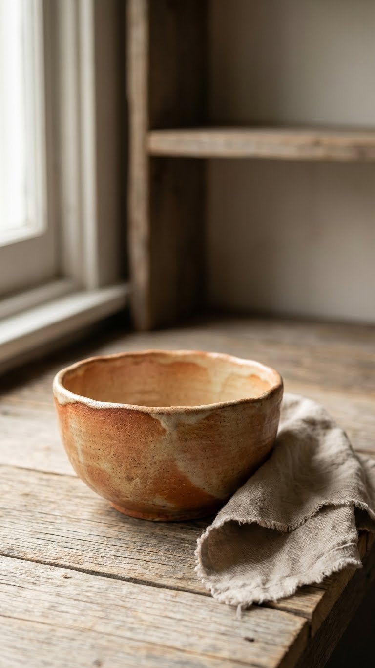 Outdoor Kitchen Japandi Design Guide For Serene Living 15 Macro detail of rustic handmade ceramic bowl with uneven glaze on weathered reclaimed wood countertop