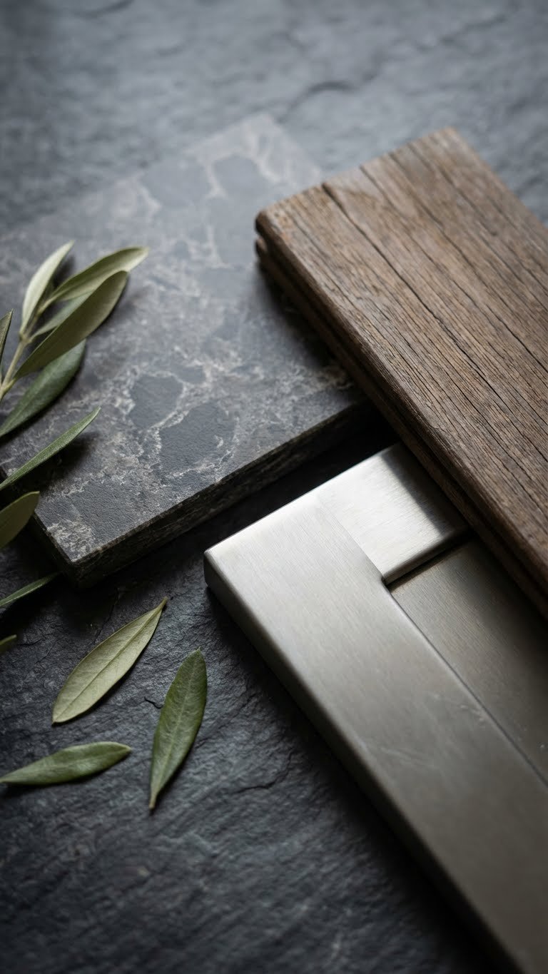 Outdoor Kitchen Rooftop Complete Planning Design Guide 7 Macro detail shot of Dekton countertop, stainless steel cabinet, and ipe wood material samples for outdoor kitchen construction