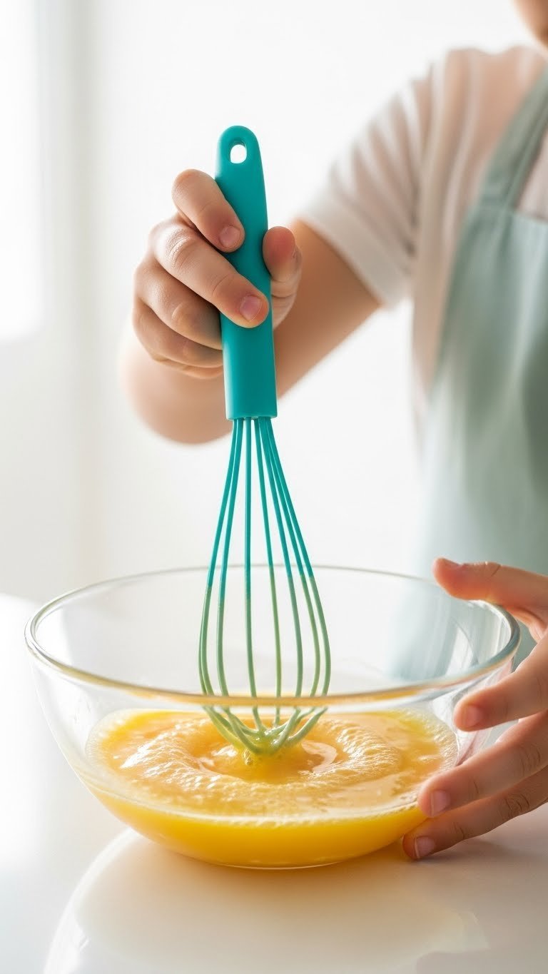 Macro detail shot of child's hand whisking eggs with colorful silicone whisk in glass bowl