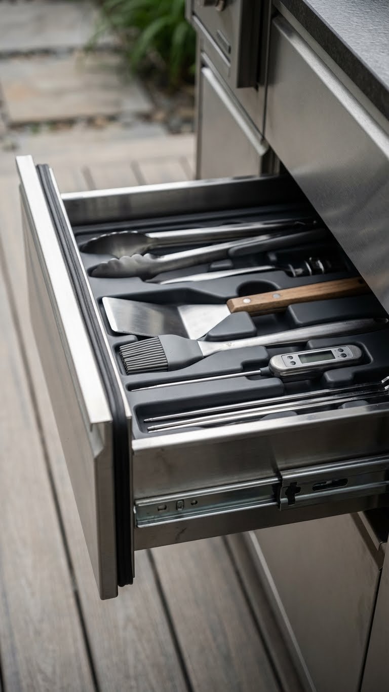 Outdoor Kitchen On Deck Planning Guide For Safe Stylish Builds 11 Macro shot of organized stainless steel drawer in outdoor kitchen revealing neatly arranged grilling tools