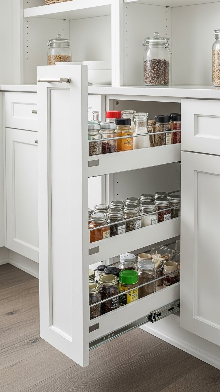 Diy Kitchen Pantry Ideas: 7 Essential Storage Solutions 3 Magazine-quality kitchen pantry pull-out drawer organizer showcases neatly arranged spice jars and small canisters.