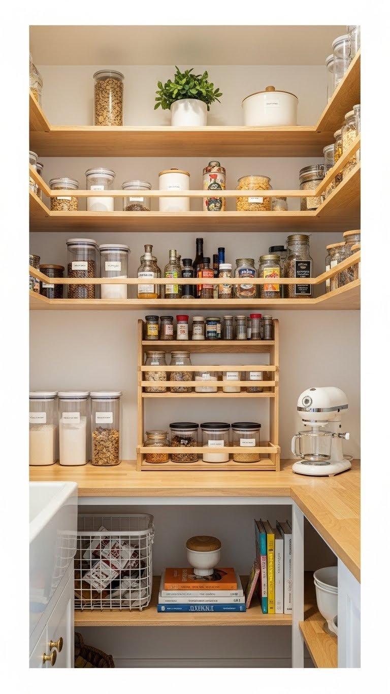 Diy Kitchen Pantry Ideas: 7 Essential Storage Solutions 1 Magazine-quality organized kitchen pantry with custom adjustable wooden shelves, neatly stocked with clear food containers and spices.