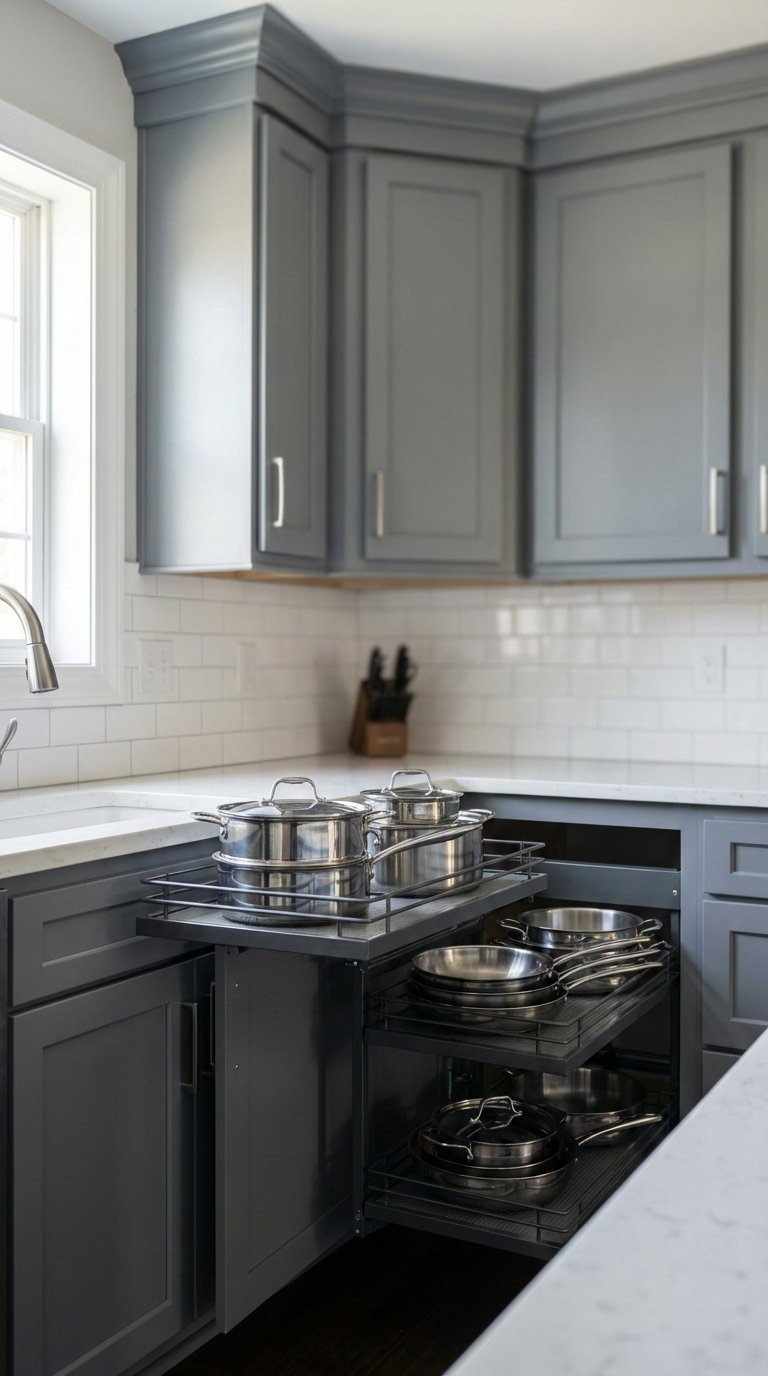 Magic corner unit system with pull-out shelves for pots and pans in organized kitchen storage