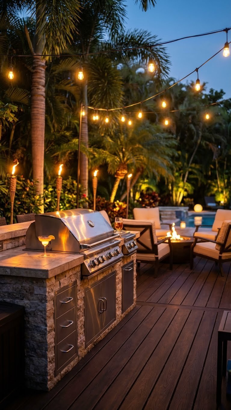 Outdoor Kitchen Tropical Design Ideas For A Resort Style Backyard 9 Magical tropical outdoor kitchen at dusk with warm string lights, tiki torches, and glowing pool backdrop creating cozy atmosphere