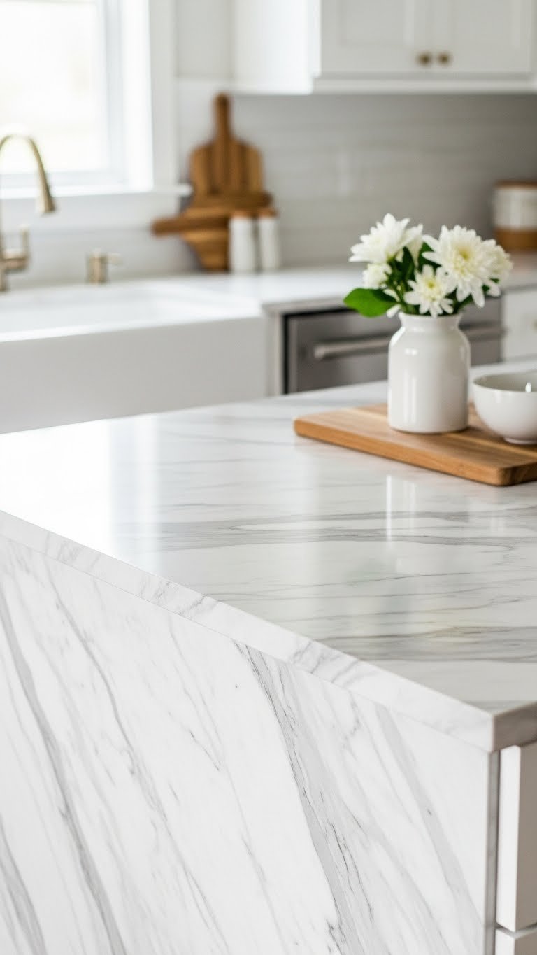 Marble-effect vinyl wrap covering kitchen countertop with realistic veining and fresh flowers in vase