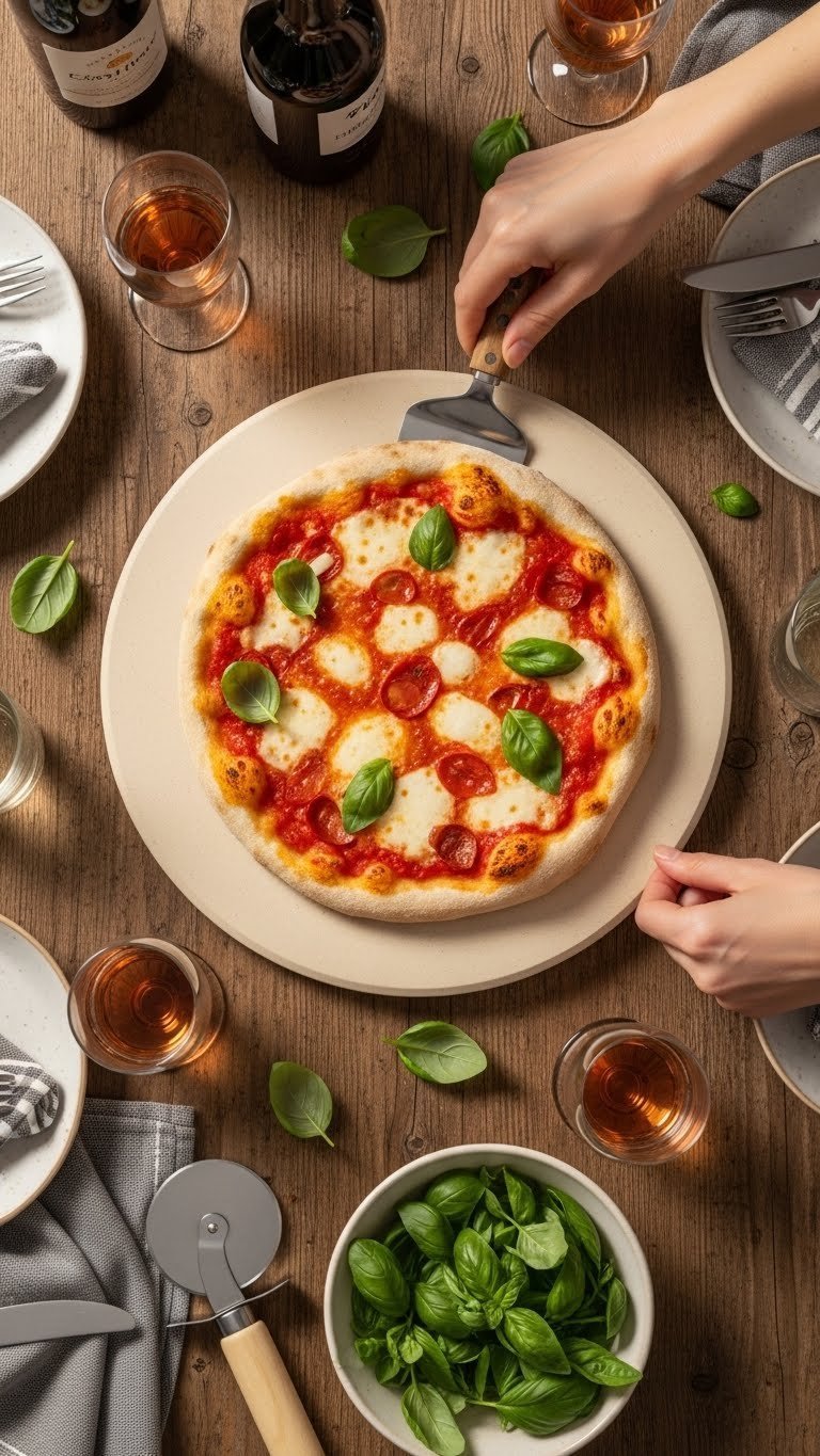 Margherita pizza on rustic cordierite pizza stone fresh from oven surrounded by wine glasses