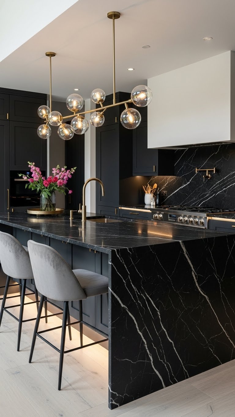 Massive bespoke black kitchen island with waterfall edge countertop and designer bar stools. Luxurious modern kitchen social hub.