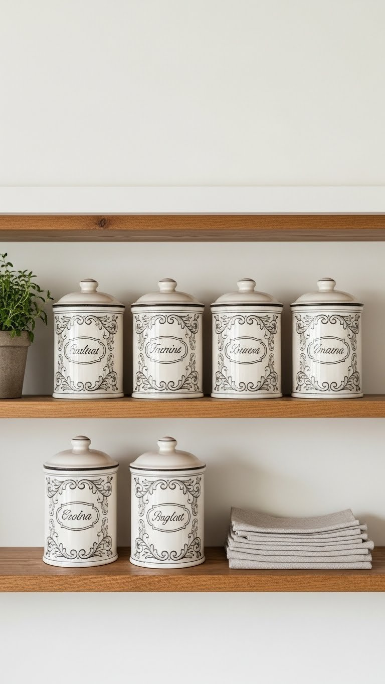 Matching Tuscan-style ceramic canisters neatly arranged on open wooden shelf in kitchen