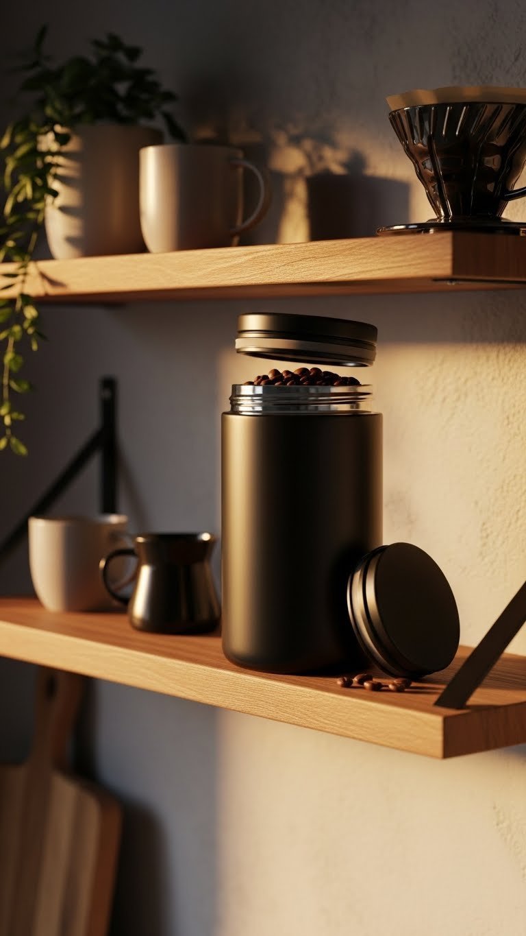 Matte black airtight coffee canister with lid ajar revealing fresh beans on rustic wooden shelf