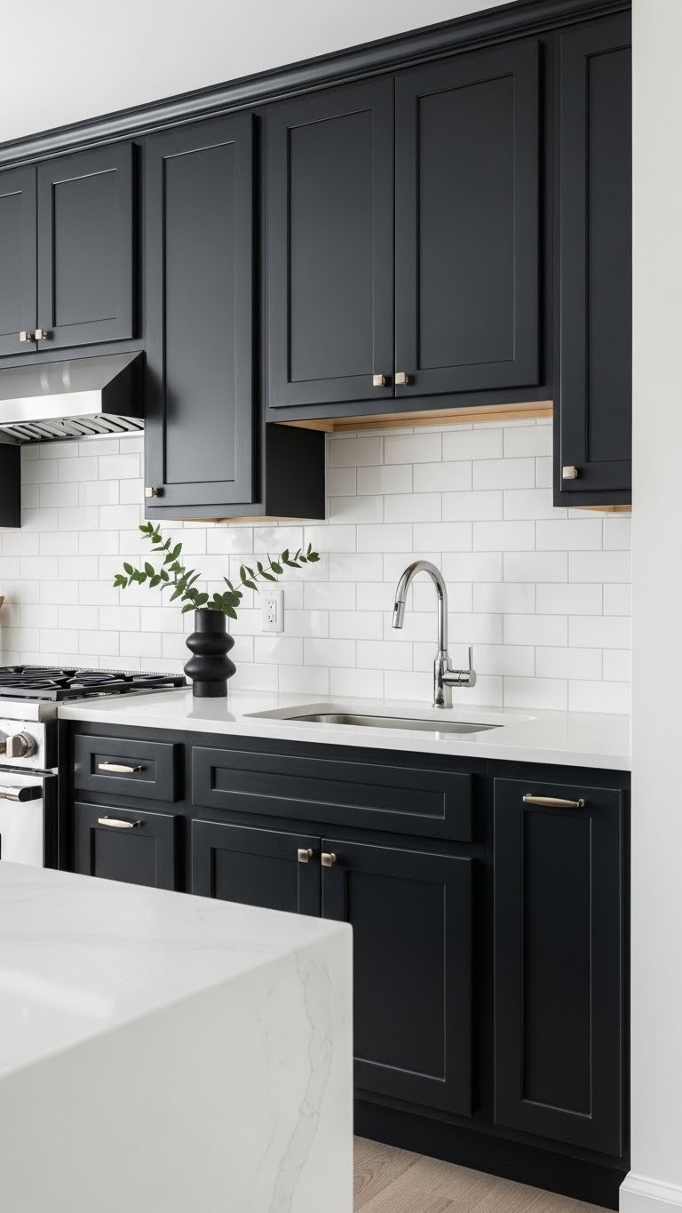 Matte black cabinets contrasted with white quartz countertop and subway tile backsplash featuring black vase