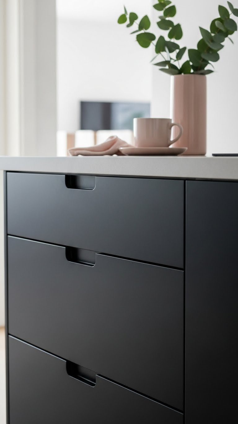 Matte black cabinets with integrated handle pulls and light concrete countertop featuring minimalist ceramic mug and eucalyptus