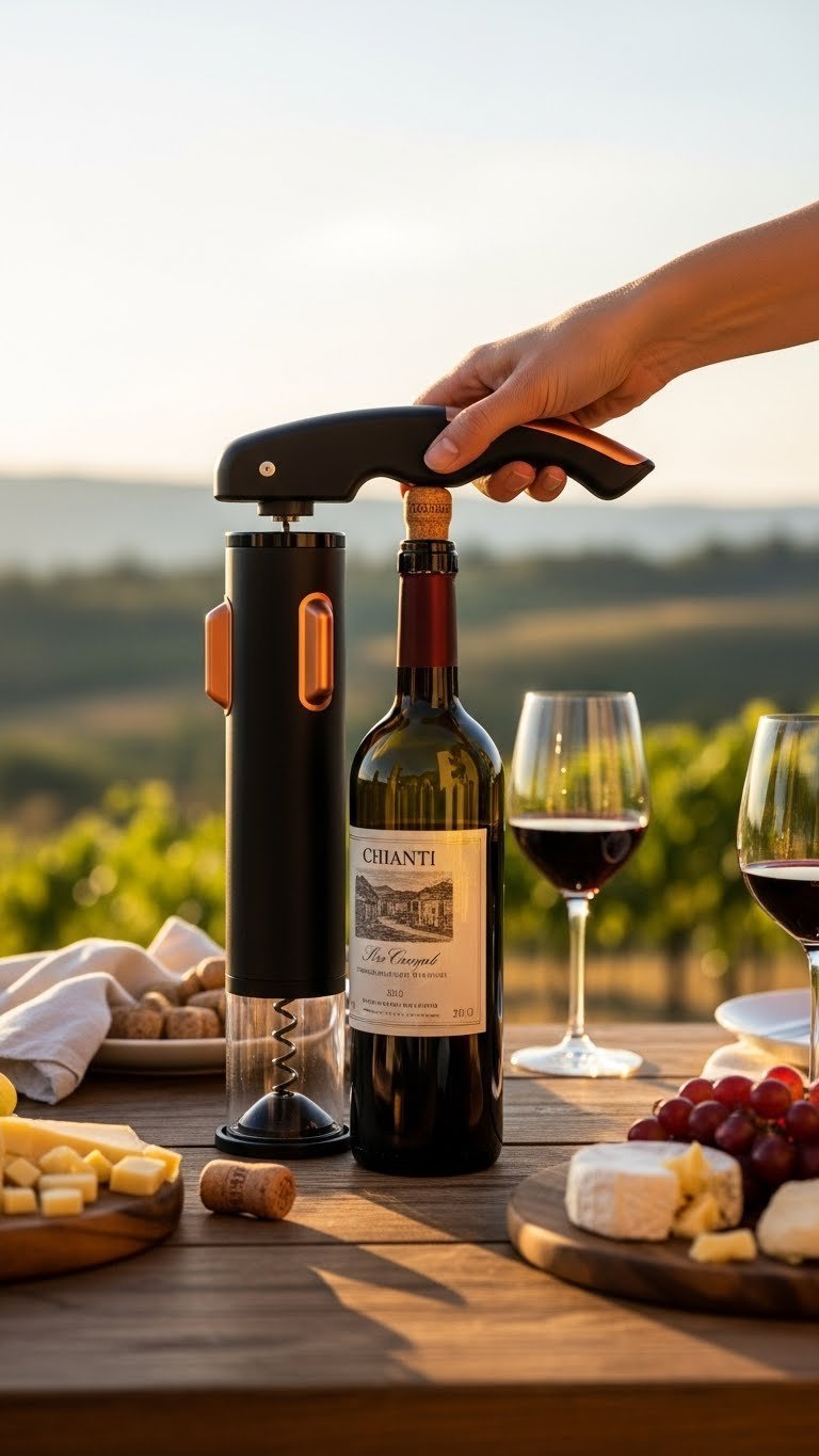 Matte black electric wine opener uncorking Chianti bottle on rustic table with cheese platter
