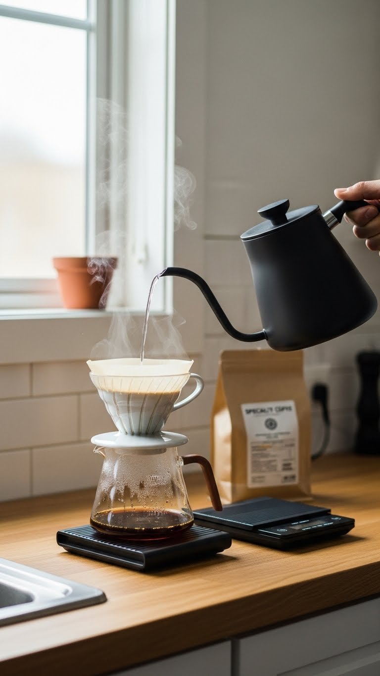 Matte black gooseneck kettle pouring water over ceramic V60 dripper with steam rising on oak countertop