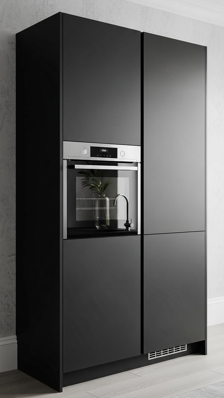 Matte black handleless European cabinetry seamlessly integrated with stainless steel wall oven in minimalist luxury kitchen design