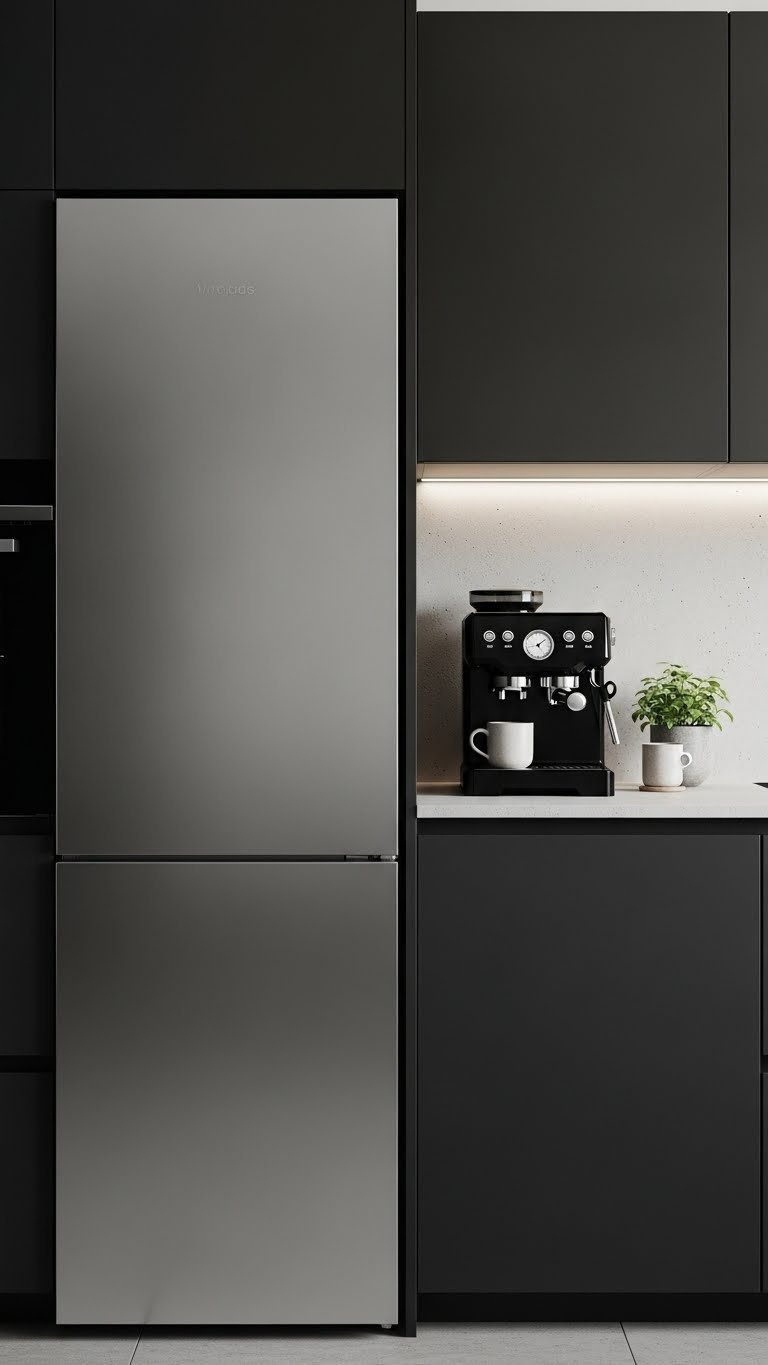Scandi Industrial Kitchen Design: 9 Proven Ways To Maximize Style 11 Matte black integrated refrigerator and espresso machine in handleless minimalist kitchen cabinetry