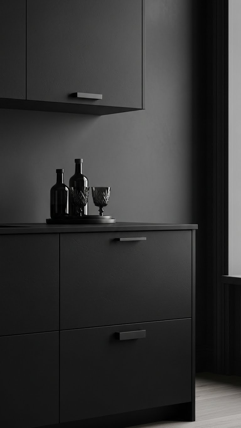 Matte black kitchen cabinets on a charcoal wall with sleek metal pulls, dark crystal glass. Elegant, moody grunge kitchen design.
