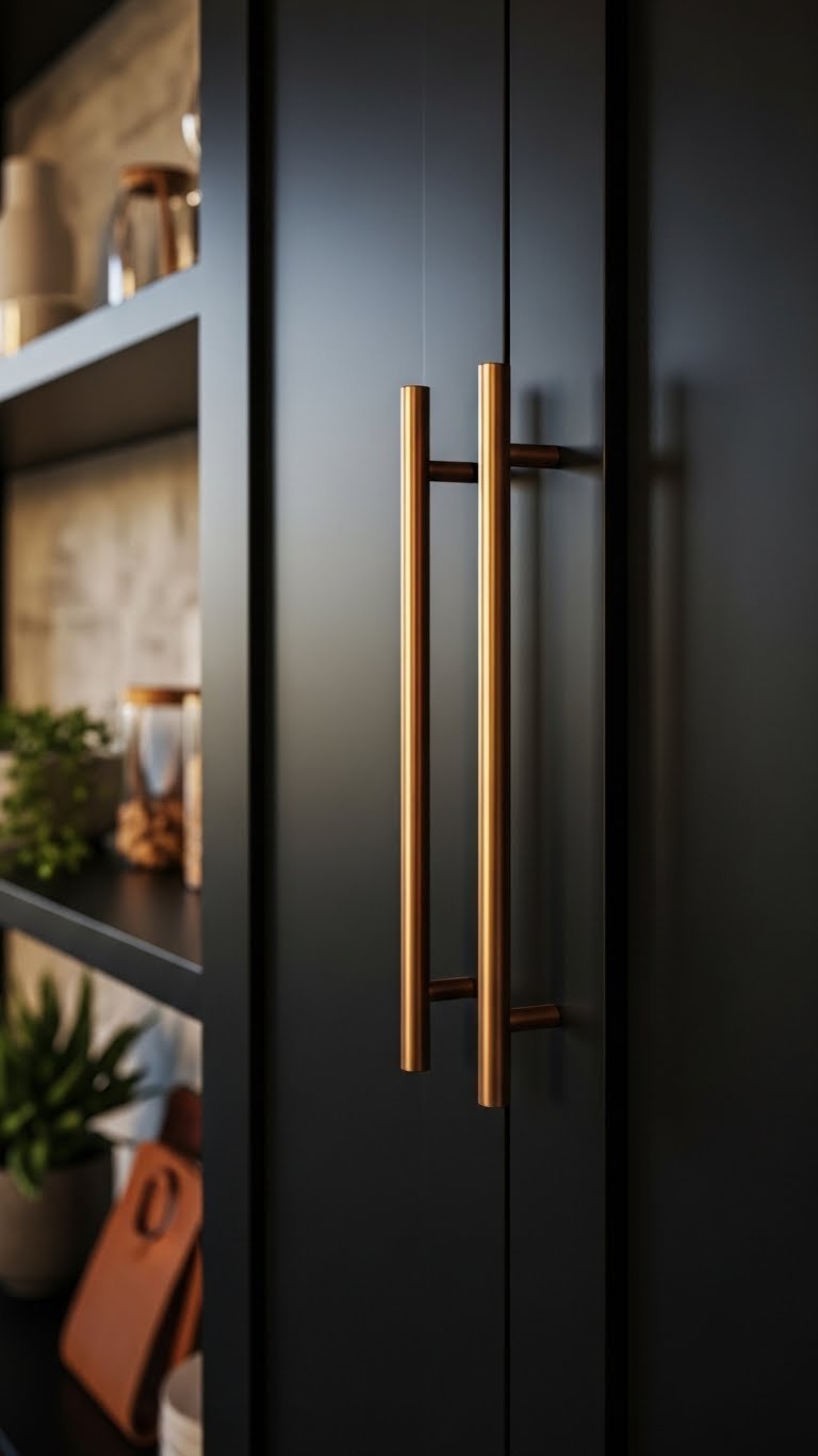 Matte black kitchen cabinets showcasing sleek brushed brass bar pulls. Elegant contrast, high-end finishes in an opulent modern kitchen.