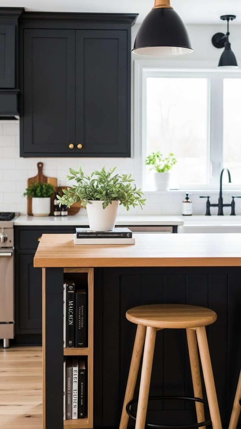 Matte black kitchen cabinets with natural wood shelving and light oak countertop featuring white ceramic planter and greenery