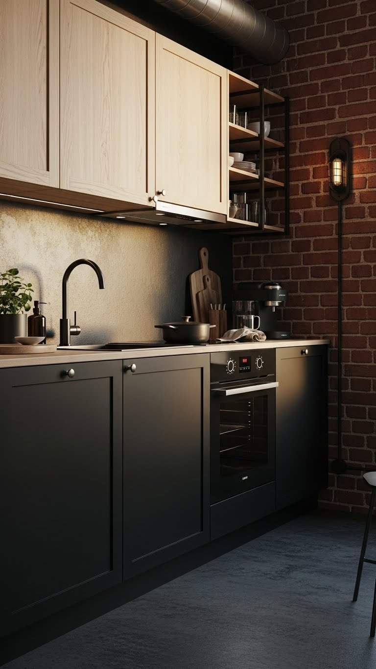 Matte black lower cabinets with natural wood upper cabinets in an industrial-chic kitchen with exposed brick wall