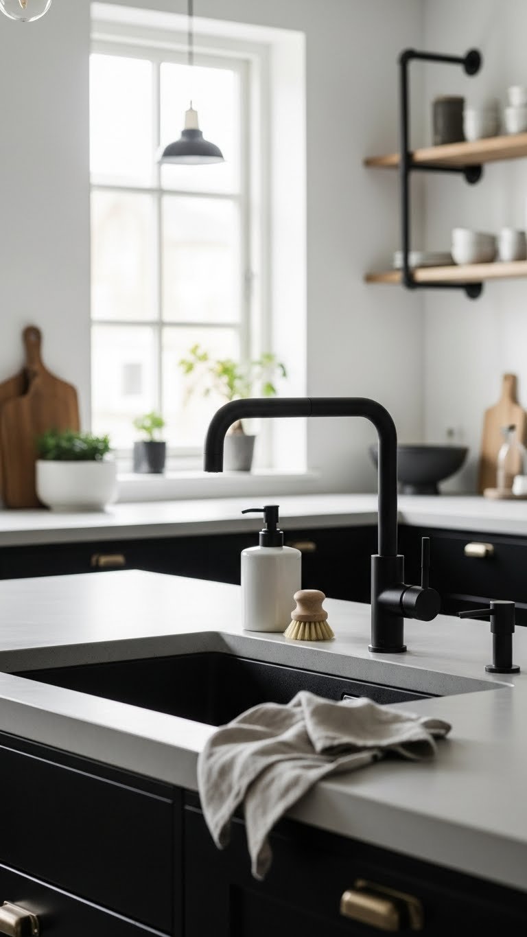Scandi Industrial Kitchen Design: 9 Proven Ways To Maximize Style 15 Matte black minimalist kitchen faucet with integrated sink and dark metal cabinet handles