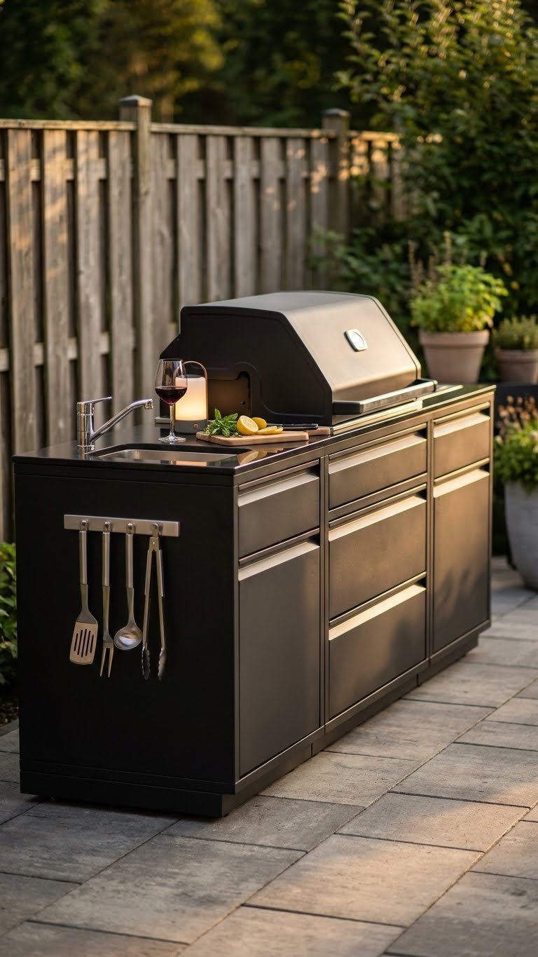 Matte black modular outdoor kitchen island with integrated grill, sink, and storage drawers on paver patio